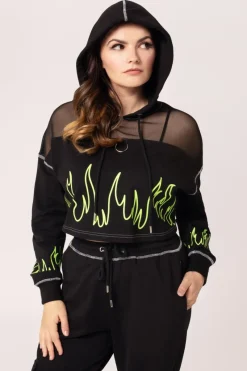 Hell Bunny Tops|Knitwear>Flames Hoodie Black/Green