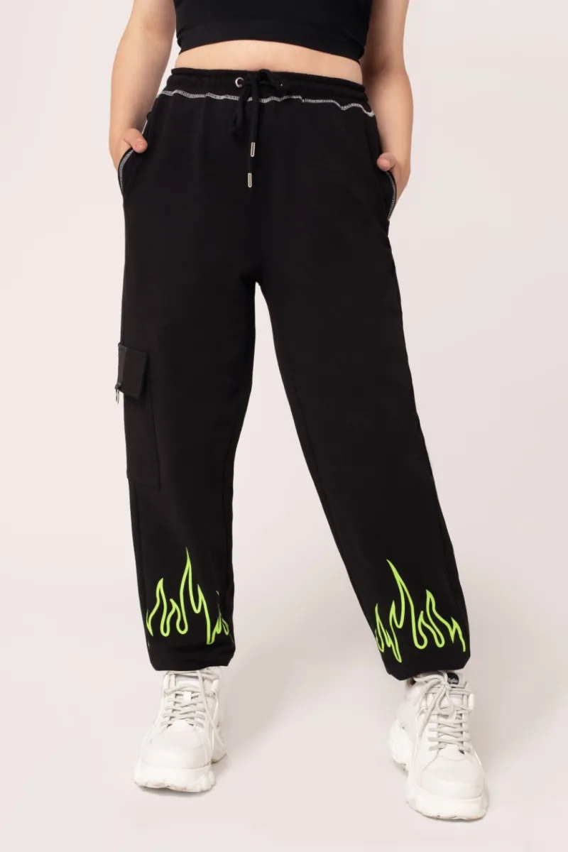 Hell Bunny Trousers & Shorts|Loungewear>Flames Joggers Black/Green