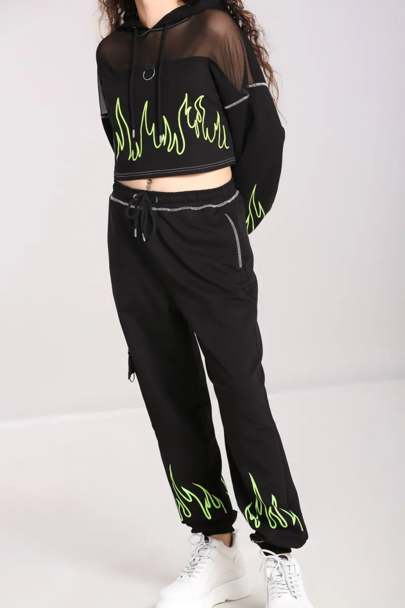 Hell Bunny Trousers & Shorts|Loungewear>Flames Joggers Black/Green
