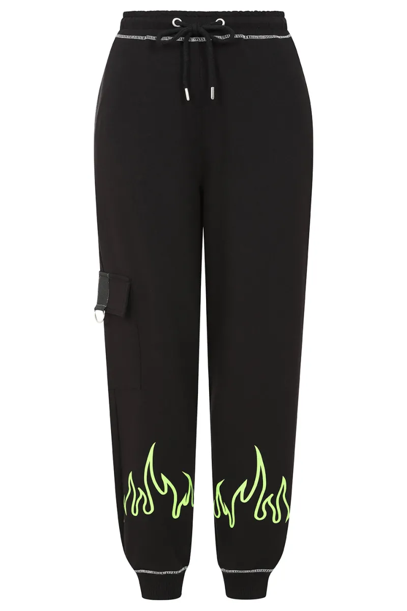 Hell Bunny Trousers & Shorts|Loungewear>Flames Joggers Black/Green