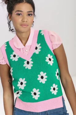 Hell Bunny Tops|Knitwear>Kitsch Daisy Vest Green