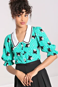 Hell Bunny Blouses|Tops>Love Cats Blouse Green