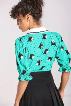 Hell Bunny Blouses|Tops>Love Cats Blouse Green