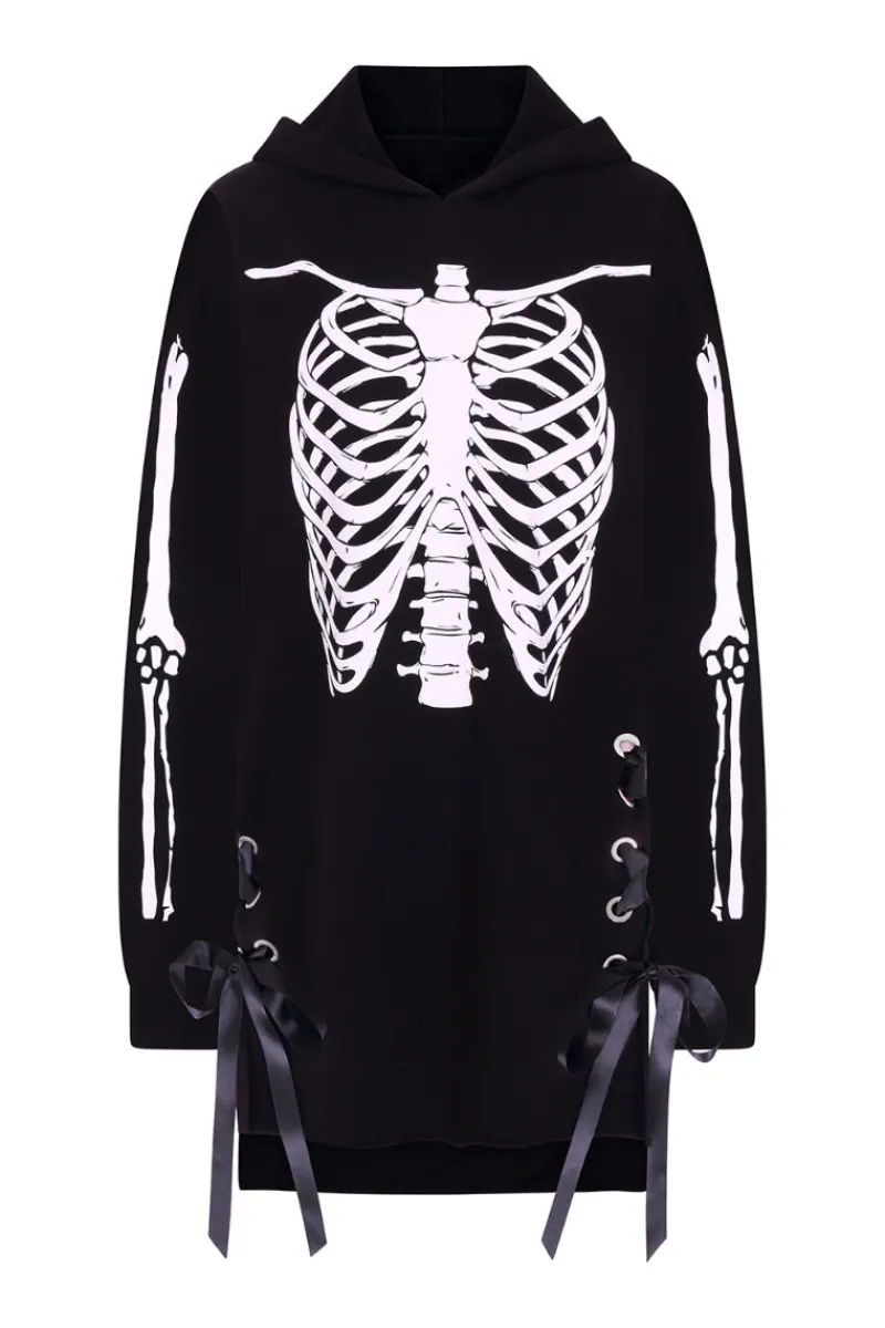 Hell Bunny Tops|Dresses>Skeleton Hoodie Dress Black