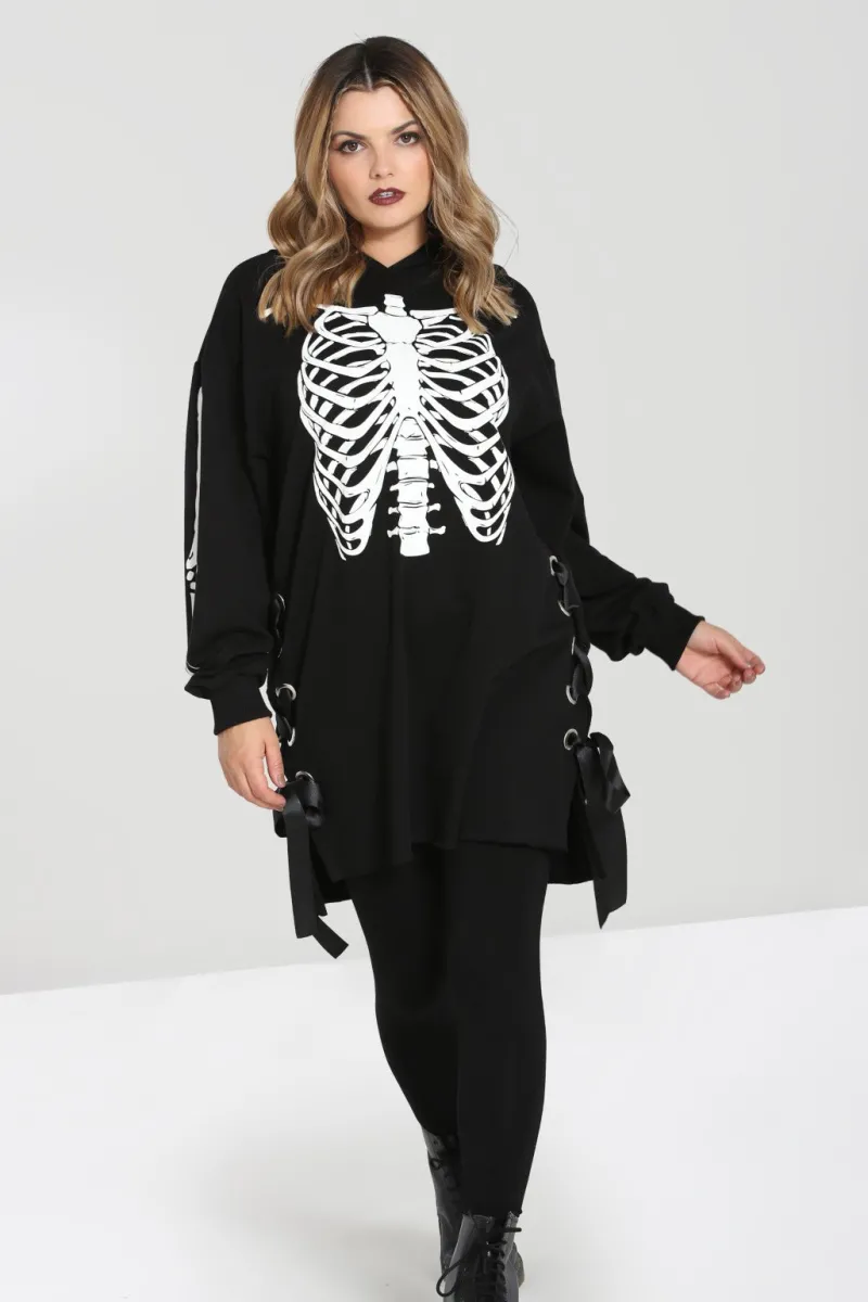 Hell Bunny Tops|Dresses>Skeleton Hoodie Dress Black