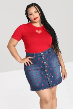 Hell Bunny Skirts|Denim>Strawberry Denim Mini Skirt Blue