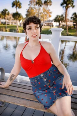 Hell Bunny Skirts|Denim>Strawberry Denim Mini Skirt Blue
