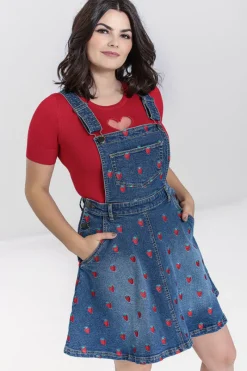 Hell Bunny Dresses|Dresses With Pockets>Strawberry Denim Pinafore Dress Blue