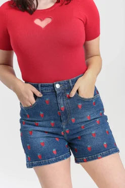 Hell Bunny Trousers & Shorts|Trousers & Shorts>Strawberry Denim Shorts Blue